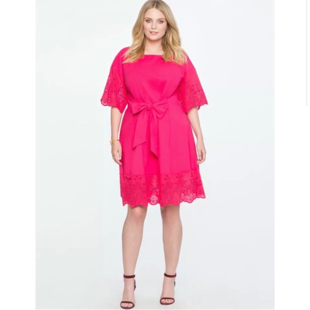 ELOQUII Dress Hot Pink Tie Waist Bow & Eyelet Detail NWT Size 24 Plus Size